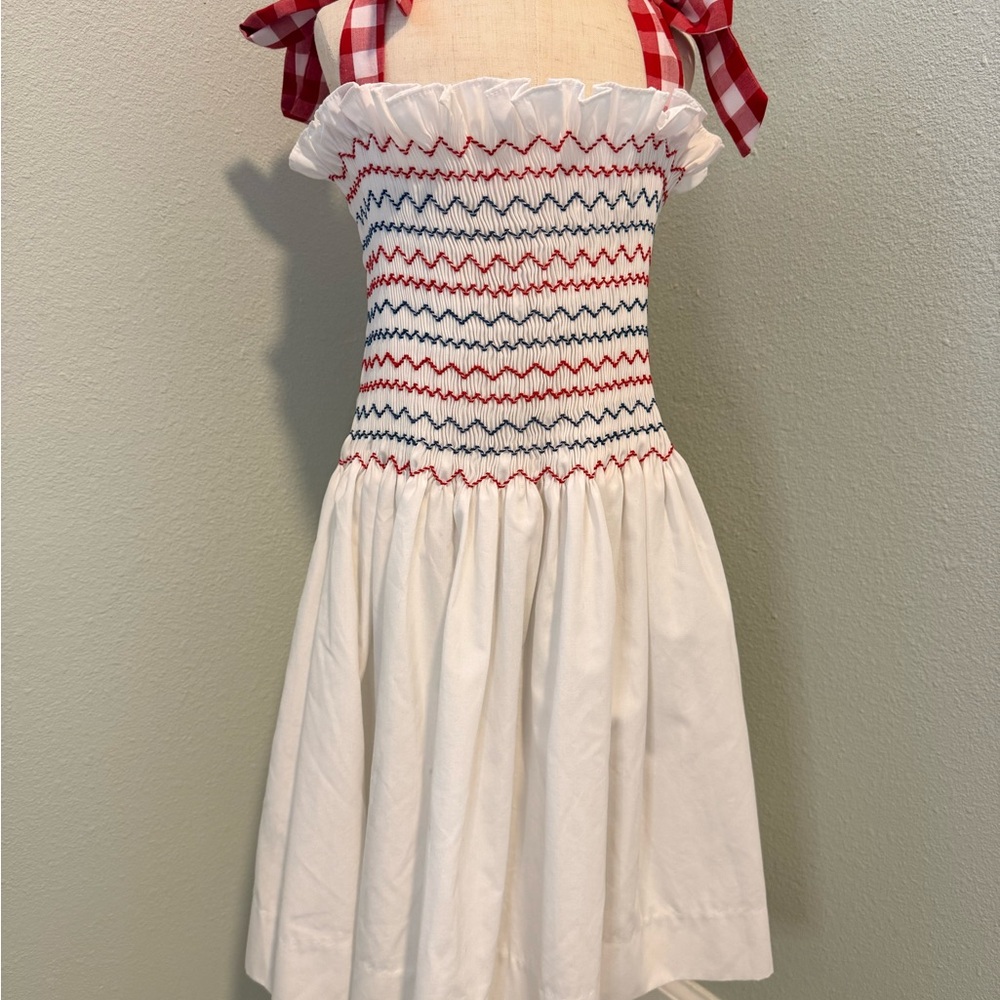 Stitchy Fish White and Red Smocked Kids Dress Size 6